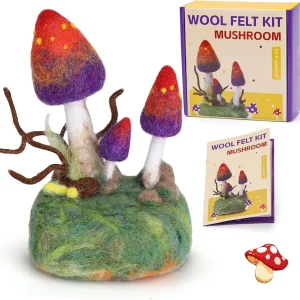 Mushroom Needle Felting Kit for Beginners Adult Felt Tool with Wool Roving Foam Mat Instructions for DIY Lovers Home Deco