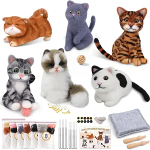 6pcs Needle Felting Beginner Kit Wool Roving Felt Tools with Instruction for Cat Dog Doll Making DIY Animal Home Decoration